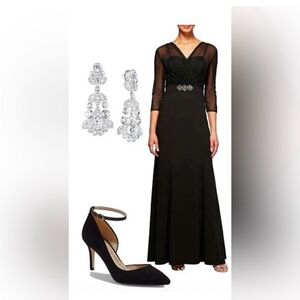 Alex Evenings Black Long Sleeve Evening Gown with Sheer Bodice
